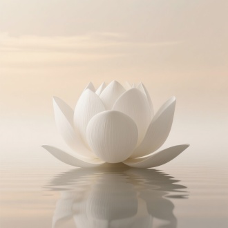 新中式禅意场景，极简构图。浅米色渐变天空下，有超现实巨型白色莲花花瓣闭合状态，水面朦胧倒影。整体风格柔和低对比，色调暖米，质感细腻平滑，营造宁静悠远的空灵意境，突出对称布局与留白艺术