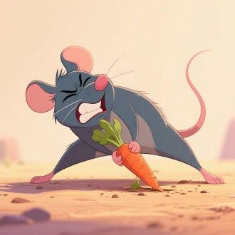 拟人化卡通老鼠拔小萝卜，夸张费力姿势，双腿张开身体后仰，眼睛紧闭咬牙，双手把地上的萝卜，二维动画风格，高饱和度色彩，柔和阴影，流畅线条，趣味表情，喜剧感，特写镜头，动态张力，背景简洁，温暖色调，手绘质感，生动细节，欢快氛围
