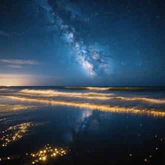 星空璀璨，海洋金色波光，广角镜头，低角度拍摄，长曝光，水面反射，银河倒影，深蓝色调，金色点缀，高动态范围，清晰纹理，夜光效果，无月之夜，海天相接，超现实风格，奇幻梦幻，生动逼真，高分辨率，微光闪烁，宁静神秘，空灵氛围。