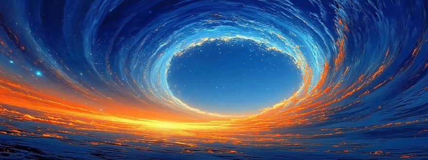 巨大波浪卷起，星空蓝橙渐变，超现实主义，8K分辨率，梦幻场景，广角镜头，长曝光，深邃宇宙，高对比度，冷暖色调碰撞，震撼视觉，极简构图，对称平衡，神秘氛围，未来感，数字绘画风格，细腻纹理，强烈情感冲击，动态模糊，仰视角度，光线穿透，流体效果，微光粒子，超高清细节，无垠空间感