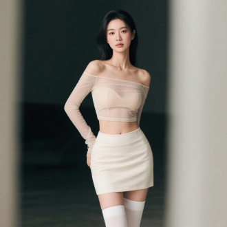 一位亚洲年轻女性，身穿浅色系紧身薄纱上衣和超短裙，搭配白色长筒袜，露肩露脐设计，眼神美丽自然，身材曲线优雅，姿势自然自信。图像为全身写实风格，4k超高清分辨率，柔和光线处理，皮肤纹理细腻，服装材质真实，具有电影感的景深效果，整体画质清晰锐利，构图专业。