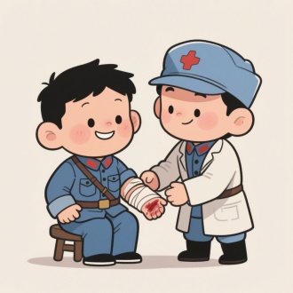 中国革命伤员接受军医救助，Q版漫画风格，简洁线条，蓝色军装，军医包扎手臂伤口，伤员表情轻松微笑，体现乐观精神，温暖色调，柔和光影，平视视角，卡通渲染，手绘质感，背景简洁，突出人物互动，正能量氛围。