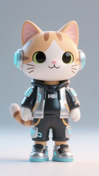 Full body, super cute cat, technological elements, fashionable clothing, standing posture, super cute pop mart IP, hbi, model, blind box toy, fine gloss, clean background, 3D rendering, ocender， Best quality, 4k, super details, popular market toys, studio lighting