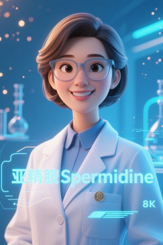诺贝尔抗衰女博士形象，商务科技蓝背景，全息投影“亚精胺Spermidine”文字铺满人物胸前，3D卡通风格，8K高清，未来感，白色实验服，自信微笑，锐利眼神，柔和顶光，动态粒子特效，暖色调，科技感，虚拟投影，超现实主义，细腻纹理，高饱和度，浅景深，广角镜头，人物居中构图