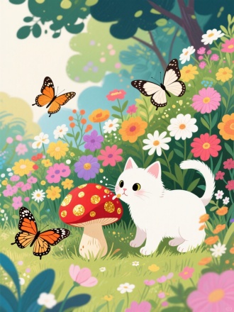 这里是一个美丽的花园。五彩斑斓的花朵散发出迷人的香气，蝴蝶在花丛间翩翩起舞。一只白色的小猫看见了一只红色的蘑菇，上面有金色的斑点。她好奇地闻了闻，突然，奇妙的事情发生了。插画风格