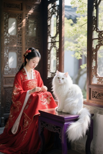 一个春光明媚的午后，待嫁的闺阁小姐坐在雕花木窗前指尖翻飞，绣着大红的嫁衣。而窗边的紫檀小几上，正静静蹲踞着一只通体如雪的长毛狮子猫，狮子猫以白毛拖地，坐形如狮，鸳鸯，阳光穿过窗棂，在它银缎般的毛发上跳跃.....