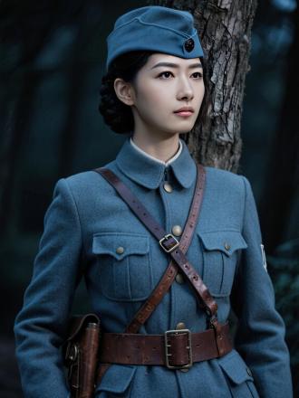 电影大片电视剧汉阳造时尚肖像艺术摄影，大师获奖杰作，黄金比例清瘦苗条完美体型，“腰系复古有质感7cm宽加厚超宽深暗褐色锃亮抛光亮面植鞣头层优质牛皮武装带配十字交叉双斜挎深暗褐色肩带”，配复古质感双针大日字精细工艺金属时尚装饰扣头，胶片颗粒质感，32k细腻真人皮肤纹理，绝世容颜，抗战时期女营长身着蓝灰呢绒军装夜晚树旁拍摄写真，娇小妩媚，精致妆容，精致黑色盘发，佩戴有帽徽蓝灰军帽，立体剪裁凸显前凸后翘性感曲线，32K超高清画质，大师完美构图，细节生动完美，暗黑朦，淡彩，暗调，冷色调，人物肖像特写，牛皮武装带细腻光润有质感细节丰富细腻精致，“胸前十字交叉双斜挎超宽武装带勾勒完美曲线”