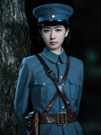 电影大片电视剧汉阳造时尚肖像艺术摄影，大师获奖杰作，黄金比例清瘦苗条完美体型，“腰系复古有质感7cm宽加厚超宽深暗褐色锃亮抛光亮面植鞣头层优质牛皮武装带配十字交叉双斜挎深暗褐色肩带”，配复古质感双针大日字精细工艺金属时尚装饰扣头，胶片颗粒质感，32k细腻真人皮肤纹理，绝世容颜，抗战时期女营长身着蓝灰呢绒军装夜晚树旁拍摄写真，娇小妩媚，精致妆容，精致黑色盘发，佩戴有帽徽蓝灰军帽，立体剪裁凸显前凸后翘性感曲线，32K超高清画质，大师完美构图，细节生动完美，暗黑朦，淡彩，暗调，冷色调，人物肖像特写，牛皮武装带细腻光润有质感细节丰富细腻精致，“胸前十字交叉双斜挎超宽武装带勾勒完美曲线”