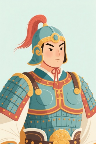 一个古代的将军穿着盔甲，插画。色彩清新明丽