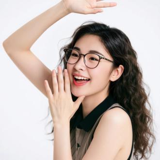 帮我生成一个长发中国女生，真人版，甜美风，侧脸，双手放在嘴边，呈呼喊状，衣服潮一点。参考图有人物肖像权问题。请改成综合卷发。眼镜稍微大一点，戴个眼镜。耳朵轮廓也一下，给戴个耳钉。背景白色。