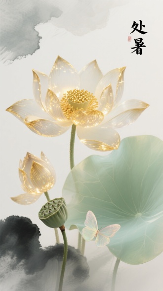 请绘制一幅梦幻唯美的荷花图：画面主体是姿态各异的九层荷花，花瓣薄如蝉翼，纹理清晰可见金色的丝线脉络。花瓣呈现通透的金色透明质感，花蕊则是由发光的金色颗粒组成，流淌着细腻的鎏光。旁边衬以淡绿色半透明的荷叶，叶脉若隐若现。画面中再加入一颗饱满的莲蓬和一只翩翩起舞的淡彩半透明蝴蝶作为点缀。

背景改为淡淡的、晕染开的水墨效果，营造出朦胧唯美的氛围，仿佛墨色在纸上自然氤氲。整个画面充满通透的肌理感，光线柔和地缠绕在花朵与荷叶之间。

在画面的上方或侧边空白处，加入书法字体的标题文字“处暑”，旁边小印章点缀，墨色浓淡相宜，与水墨背景和谐相融。

整体色彩保持高饱和度，突出荷花与荷叶的通透亮丽，同时通过水墨背景的淡雅进行平衡。最终效果需融合平面渲染的精致与水墨艺术的意境，展现“处暑”时节荷花的清丽脱俗与梦幻光影。