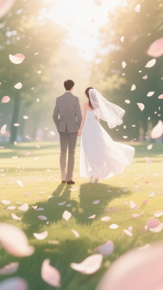 "一对新人背对镜头站立，漫天花瓣飘落，梦幻婚礼场景，新娘穿飘逸白纱，头纱轻扬，新郎西装笔挺，漫画风格，柔和色彩，浅景深，广角镜头，逆光效果，浪漫氛围，温暖色调，花瓣细节，唯美构图，幸福情感。"