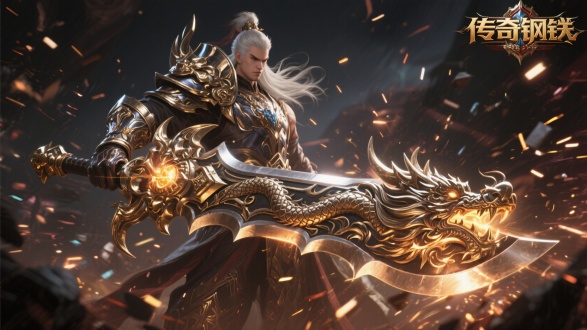 金属粒子效果，炫酷震撼，视觉冲击力，游戏宣传图，传奇装备钢铁材料，广角镜头，金属风格特效，武器镶嵌龙纹，传奇人物角色