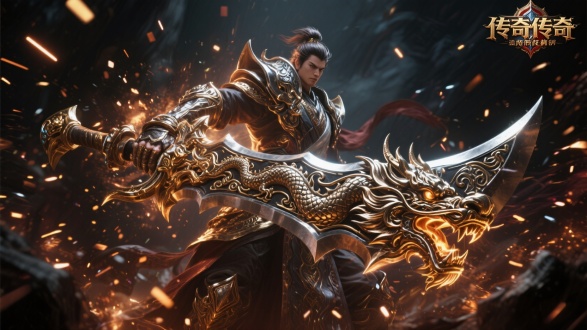 金属粒子效果，炫酷震撼，视觉冲击力，游戏宣传图，传奇装备钢铁材料，广角镜头，金属风格特效，武器镶嵌龙纹，传奇人物角色