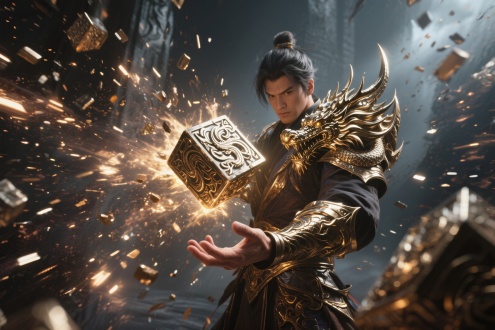 金属粒子效果，炫酷震撼，视觉冲击力，游戏宣传图，传奇金属材料，广角镜头，金属风格特效，传奇人物角色，人物手中悬浮龙纹金属块
