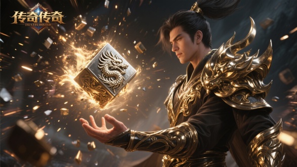 金属粒子效果，炫酷震撼，视觉冲击力，游戏宣传图，传奇金属材料，广角镜头大，金属风格特效，传奇人物角色，人物手中悬浮龙纹金属块，人物面向微朝左