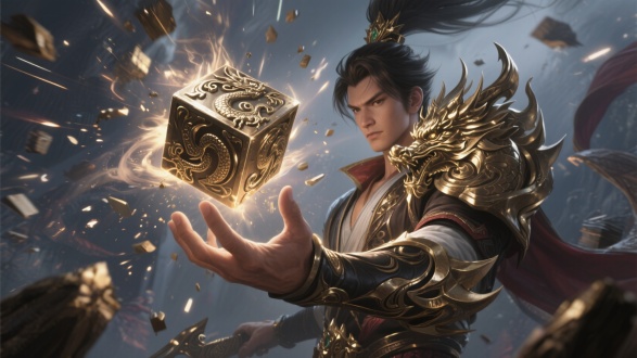 金属粒子效果，炫酷震撼，视觉冲击力，游戏宣传图，传奇金属材料，广角镜头大，金属风格特效，传奇人物角色，人物手中悬浮龙纹金属块，