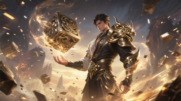 金属粒子效果，炫酷震撼，视觉冲击力，游戏宣传图，传奇金属材料，广角镜头大，金属风格特效，传奇人物角色，人物手中悬浮龙纹金属块，人物半身高度