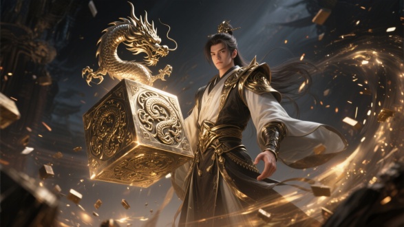 金属粒子效果，炫酷震撼，视觉冲击力，游戏宣传图，传奇金属材料，广角镜头大，金属风格特效，传奇人物角色，角色手中悬浮龙纹金属块，龙纹雕刻在金属块上，人物半身高度，古风形象