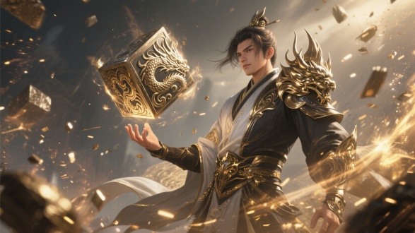 金属粒子效果，炫酷震撼，视觉冲击力，游戏宣传图，传奇金属材料，广角镜头大，金属风格特效，传奇人物角色，角色手中悬浮龙纹金属块，龙纹雕刻在金属块上，人物半身高度，古风形象
