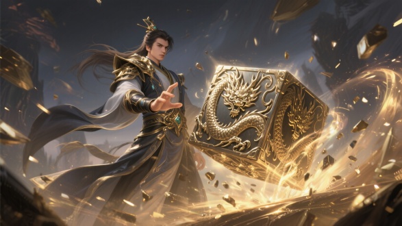 金属粒子效果，炫酷震撼，视觉冲击力，游戏宣传图，传奇金属材料，广角镜头大，金属风格特效，传奇人物角色，角色手中悬浮龙纹金属块，龙纹雕刻在金属块上，人物半身高度，古风形象，