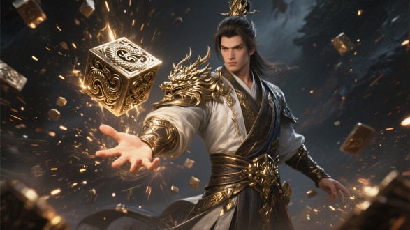 金属粒子效果，炫酷震撼，视觉冲击力，游戏宣传图，传奇金属材料，广角镜头大，金属风格特效，传奇人物角色，角色手上悬浮雕刻龙纹金属块，人物半身高度，古风形象，