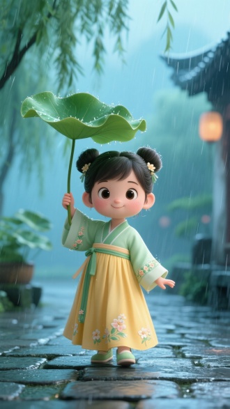 清明时节雨纷纷
"中国古代卡通3D风格，皮克斯风格色彩搭配。细雨纷飞的青石板路，5岁Q版3D动漫小女孩头身比2:1，身穿改良汉元素连衣裙，浅绿色上衣+鹅黄色襦裙，袖口绣小花，扎着两个发髻，圆润可爱的造型踮脚举荷叶挡雨，远处朦胧柳枝低垂，湿润空气泛青蓝光晕"