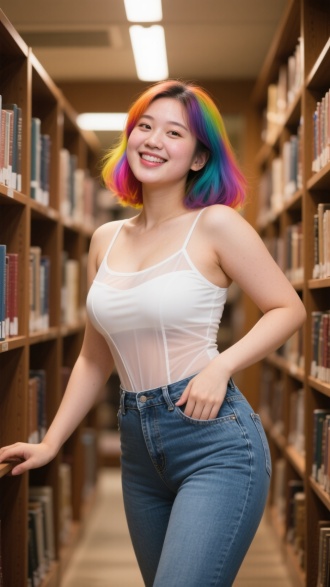 微胖亚洲美少女，白色半透明吊带，紧身牛仔裤，勾勒出超s型身材，活力四射，彩色头发，表情生动。 全身 氛围感照明 图书馆背景