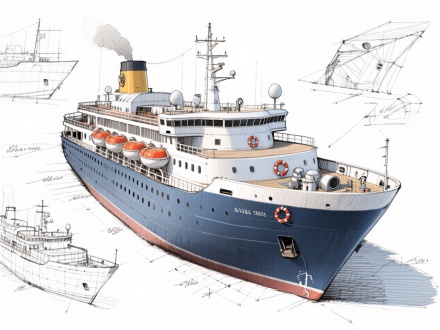 设计草图，彩色素描铅笔画风格，一艘3D大型邮轮的详细设计草图，位于构图的中心。它周围是特定部分的草图草图，以铅笔手绘风格呈现。主要主题有精确的测量和注释，在纯白色背景上创造对比。关键部件，如救生圈，排烟口，和导航设备，用醒目的色彩高光突出显示，藏青色的船体，以吸引注意力。设计捕捉到了船结构的复杂细节，呈现出纹理感与真实感，重点是功能和工艺。8k画质，尺寸1280×960。