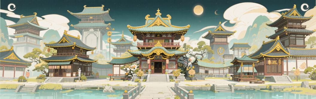 横版游戏场景，正视图 ，国风建筑，各式各样建筑日式风格，金色描边，平涂，二次元阴阳师画风，