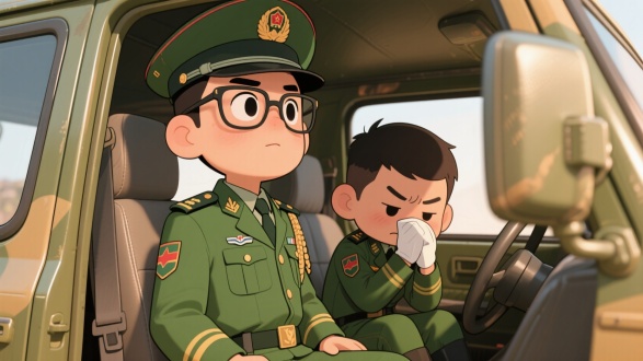 军车内部，两个年轻中国军官，Q版风格，角色A戴眼镜挺拔凝视远方，角色B蜷坐捂鼻皱眉，绿色常服，军衔细节，车厢金属质感，侧光，暖色调，漫画线条，夸张表情，动态姿势，幽默感，高饱和度，清晰轮廓