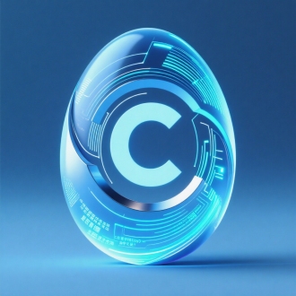 一个蛋的外形嵌入字母C，科技感logo设计，扁平化风格，冷色调为主，荧光蓝数据线条流动，玻璃透明质感，高对比度，白色背景，边缘强光强调，极简构图，无多余字符，精确几何结构，未来感，大师级平面设计，清晰精准线条。