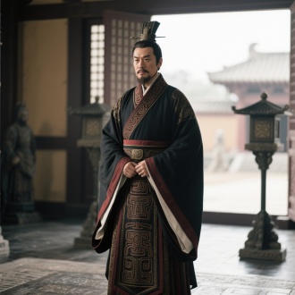 25 - 30岁的曹操，身着汉代官服，站在汉代官署中，眼神锐利，历史写实风格，中景，严肃，清晰