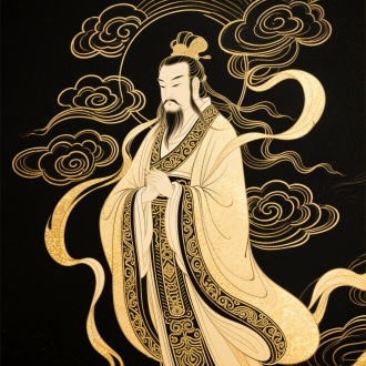 道教神话人物线描插画，流畅长袍繁复纹样，严肃表情长发飘飘，环绕云雾漩涡图案，发光的金色线条，精细线条深度动感，传统图型风格，高对比度，纹理图案突出，细腻笔触，端庄威严，优雅神秘，对称构图，黑色背景，金色高光，动态线条，传统水墨融合，层次丰富，神秘氛围，神圣感，极简线条，流动感，中国风，装饰性细节