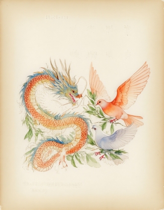 三只鸽子和一条龙，柔和暖色调鸽子，精细水彩风格，羽毛纹理清晰，橄榄叶渐变绿，高细节渲染，浅景深，自然光，宁静氛围，手绘质感，复古纸张背景，低饱和度，轻盈笔触，和谐构图，龙身蓝金基调，红橙点缀，白色高光，立体感强，锋利龙爪，黑色字体，海报风格，鸽嘴衔橄榄枝形态细致
