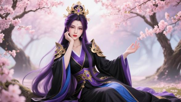 一位美丽的女子，长长的紫色头发，头戴精致的金色头冠，额头中间有淡红色印记。她身穿华丽的黑紫色和蓝金色长袍，配有独特的肩甲。优雅地坐着，一只手托着脸颊，另一只手抬起。身后是开满粉色花朵的树木，梦幻、浪漫的氛围，柔和的色调，中心构图，杰作，超高细节，4K