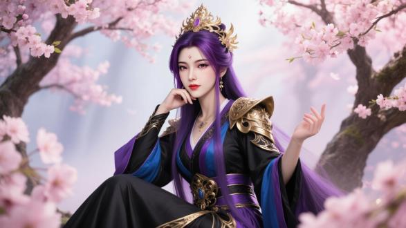 一位美丽的女子，长长的紫色头发，头戴精致的金色头冠，额头中间有淡红色印记。她身穿华丽的黑紫色和蓝金色长袍，配有独特的肩甲。优雅地坐着，一只手托着脸颊，另一只手抬起。身后是开满粉色花朵的树木，梦幻、浪漫的氛围，柔和的色调，中心构图，杰作，超高细节，4K