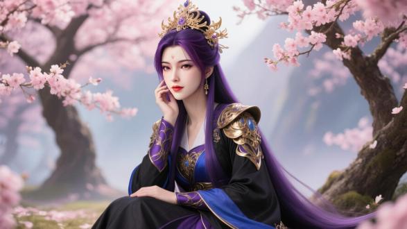 一位美丽的女子，长长的紫色头发，头戴精致的金色头冠，额头中间有淡红色印记。她身穿华丽的黑紫色和蓝金色长袍，配有独特的肩甲。优雅地坐着，一只手托着脸颊，另一只手抬起。身后是开满粉色花朵的树木，梦幻、浪漫的氛围，柔和的色调，中心构图，杰作，超高细节，4K动态