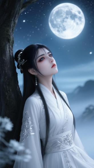 "虚幻引擎渲染，3D仙侠风，长发黑发美女，白色传统汉服配精致银绣，倚靠深色树干，仰望星空明月，梦幻光影，冷色调，柔焦效果，广角镜头，浅景深，月光洒落，静谧氛围，银蓝主色，仙气飘渺，细腻皮肤质感，柔和面部表情，古典与未来感结合。"