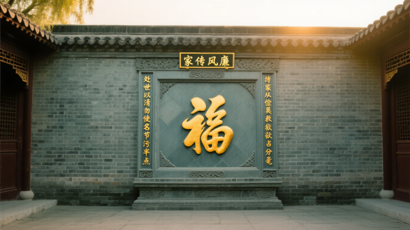 高高的青砖影壁墙，独立在院内，描金阳文福字居中，青砖刻字长联，上联“处世以清勿使名节污半点”，下联“持家从俭莫教贪欲占分毫”，对联每个字都不能少，青砖刻字横批“家传风廉”，对称构图，暖色调，自然光，细节清晰，端庄稳重，传统中式风格，高分辨率，微距镜头，柔和阴影，古朴典雅，历史感，文化氛围，庄严肃穆
