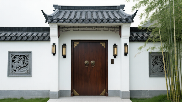 中式传统大门,门头上有灰色瓦片屋顶,深棕色木门,门两侧有中式壁灯,白色墙壁矮于门口，墙面上有浮雕装饰,左侧有竹子