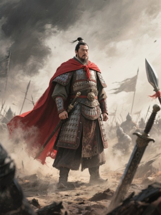 元代将军方国珍，威严站立，战场背景，硝烟弥漫，冷兵器时代，中国水墨画风格，长焦镜头，浅景深，侧逆光，刚毅表情，讲话表情，历史厚重感，战争氛围，细节精致，全身正面站立，脚步坚定，系红绸披风，直面镜头，壮年时期