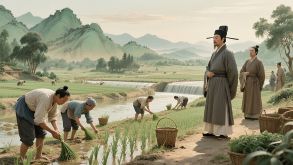 古代官员视察水利工程，农民田间劳作，传统汉服，青绿山水背景，历史场景，超精细细节，8k分辨率，电影级光影，广角镜头，柔和日光，层次丰富，写实风格，色彩古朴，庄重氛围，官员严肃表情，农民辛勤劳作，细腻纹理，自然光影过渡，动态构图，工笔画质感，历史厚重感。