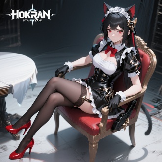 honkai: star rail, wlop style, in the style of anime game, cgi, a catgirl maid with a beautiful face, in a gorgeous uniform, red high heels, sitting on a chair in a threatening pose, taking a break after a mission, with a serious expression. full - body view, cute yet provocative, from a top - down perspective, against a dark - toned background, with dramatic lighting, high detail, cinematic quality, shallow depth of field, cold - tone accents, leather and metal decorations, combining elegance and wildness, charming and dangerous.
