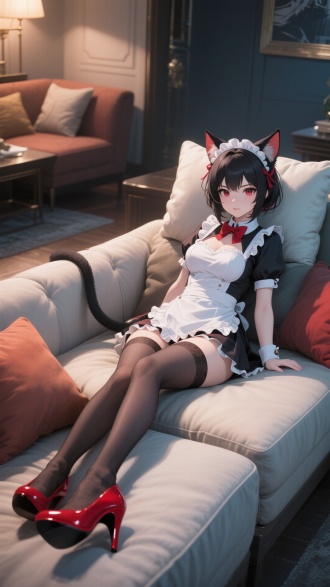 Honkai: Star Rail, wlop style, in the style of anime game, CGI. A catgirl maid with a beautiful face, in a gorgeous uniform and red high heels, lies on soft cushions in a warm and comfortable room with a serious expression, presenting a combination of elegance and wildness. In a full - body view from a certain perspective, she looks cute yet provocative. The scene features dramatic lighting, high detail, cinematic quality, shallow depth of field, and cold - tone accents, making her charming and dangerous.