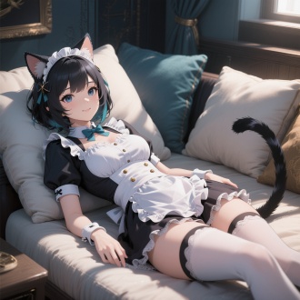 Honkai: Star Rail, wlop style, in the style of anime game, CGI, a catgirl maid with a beautiful face, wearing a gorgeous uniform, lying supine on soft cushions in a warm and comfortable room, with a comfortable expression, presenting a blend of elegance and wildness. 半身特写 shot with a low - angle perspective, focusing on her upper body. The scene has dramatic lighting, high detail, cinematic quality, shallow depth of field, cold - tone accents, making her charming and approachable.