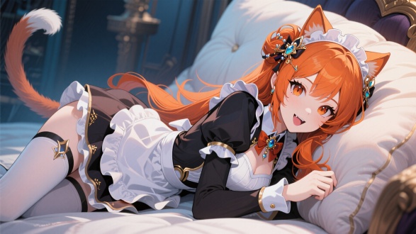 honkai: star rail, in the style of wlop, a 2d game aesthetic, computer - generated imagery. a beautiful cat girl maid with long orange - red hair adorned with exquisite hair accessories, dressed in a luxurious uniform, is lying on her side on a soft cushion. her expression is at ease, with her mouth slightly open, revealing her teeth, showcasing a blend of elegance and wildness. shot from a low angle perspective, the focus is on her face. the scene features dramatic lighting, high detail, cinematic texture, shallow depth of field, and accents of cool tones, making her both charming and approachable.
