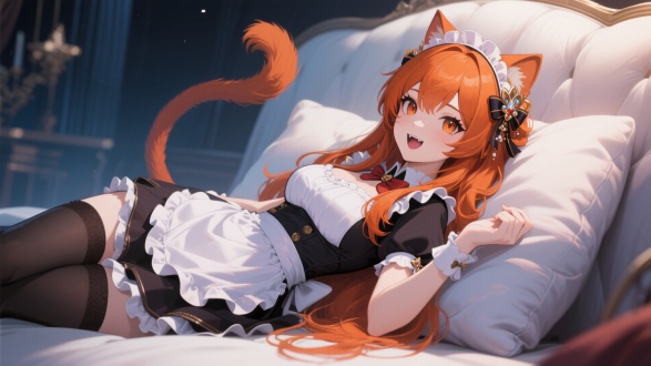 honkai: star rail, in the style of wlop, a 2d game aesthetic, computer - generated imagery. a beautiful cat girl maid with long orange - red hair adorned with exquisite hair accessories, dressed in a luxurious uniform, is lying on her side on a soft cushion. her expression is at ease, with her mouth slightly open, revealing her teeth, showcasing a blend of elegance and wildness. shot from a low angle perspective, the focus is on her face. the scene features dramatic lighting, high detail, cinematic texture, shallow depth of field, and accents of cool tones, making her both charming and approachable.
