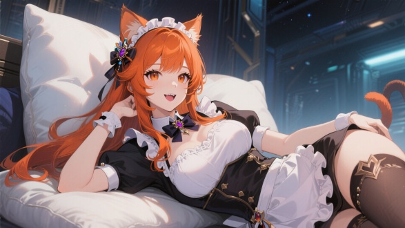 《崩坏：星穹铁道》，WLOP风格，2D游戏美学，CG渲染，美丽猫娘女仆，橙红色长发配精致发饰，华丽制服，侧卧柔软靠垫，神情放松微露牙齿，优雅野性结合，低角度拍摄，面部特写，戏剧性照明，高细节，电影质感，浅景深，冷色调点缀，迷人亲和