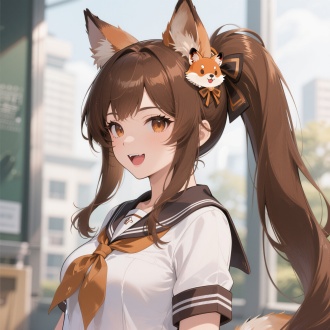 honkai: star rail, in the style of wlop,a 2d game cgi aesthetic. a charming and mature - looking vixen. she has long single - ponytail hair, rich chestnut - brown, glistening softly in the light. she wears cute fox - themed hair accessories, with her mouth slightly open, revealing her teeth, in brown and white shades that blend well with her hair. she's dressed in a japanese - style high - school uniform, exuding a youthful vibe.
